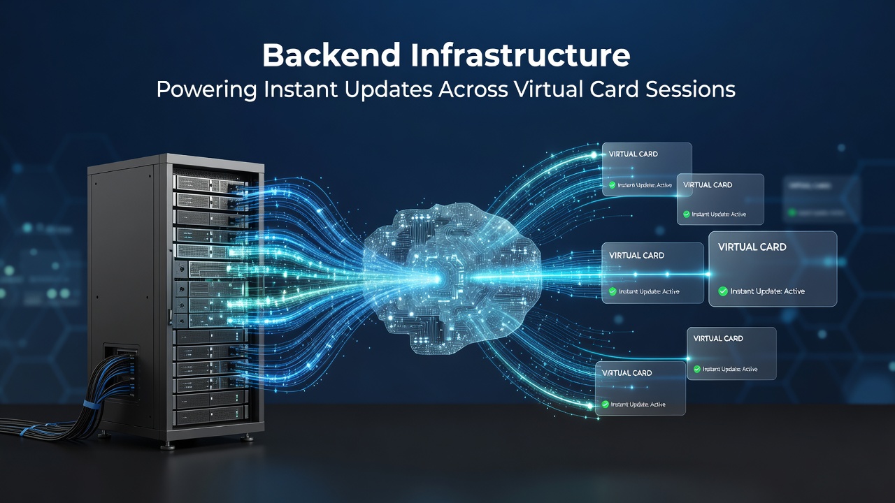 Overview diagram showing backend servers, real-time data pipelines, and virtual card session synchronization layers