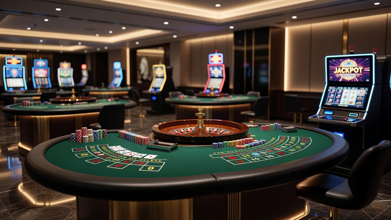 Various casino game setups including slot machines and table games in a lively gaming floor