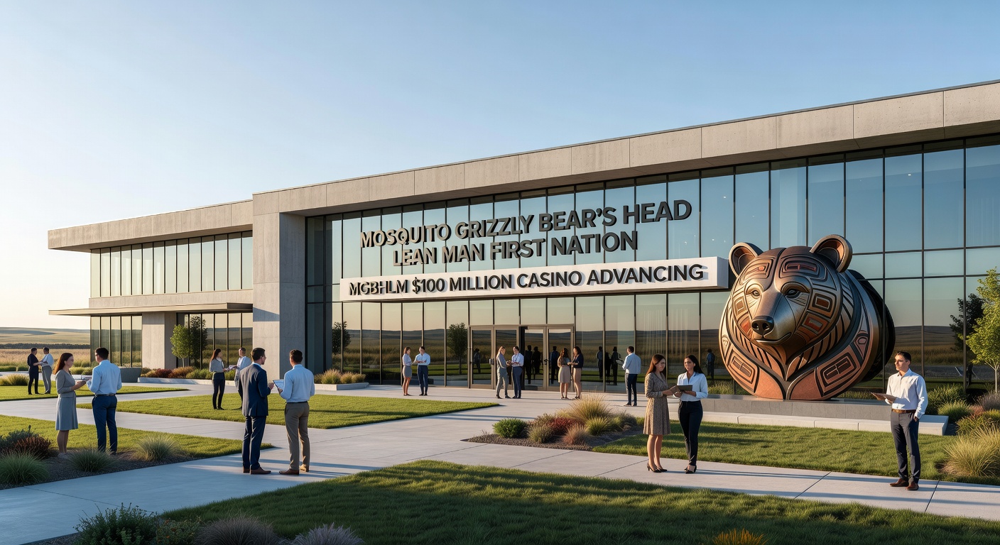 Renderings of the Gold Eagle Casino relocation, featuring modern hotel towers, convention facilities, and gaming floors set against the Saskatchewan prairie landscape