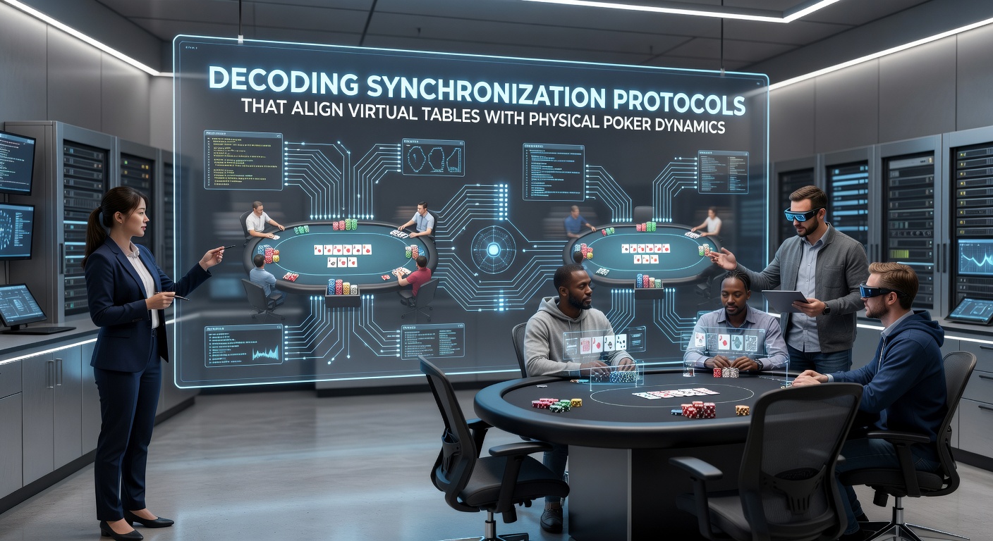 Illustration of synchronized virtual and physical poker tables showing data flow between digital interfaces and live gaming environments