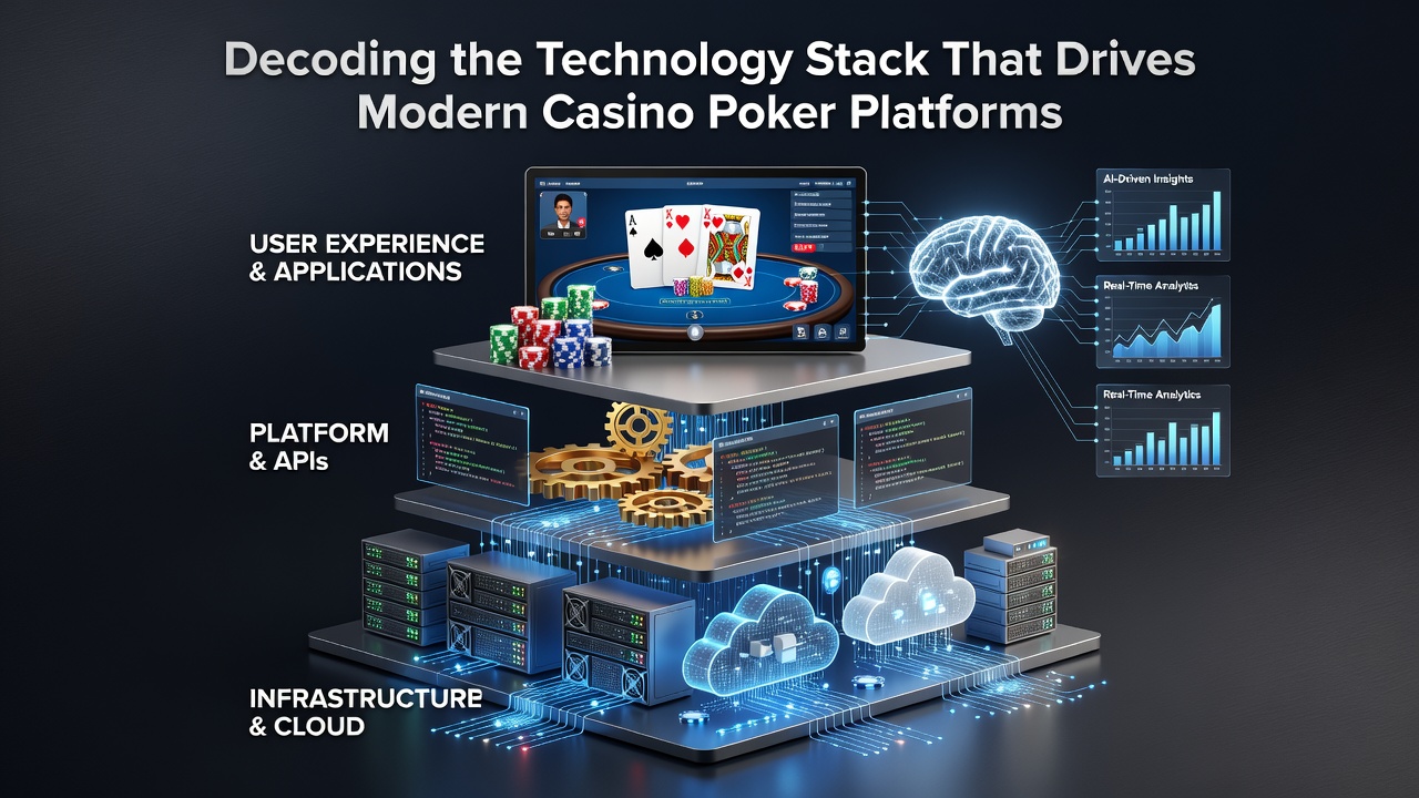 Overview of layered technology components supporting casino poker platforms including servers, APIs, and security modules