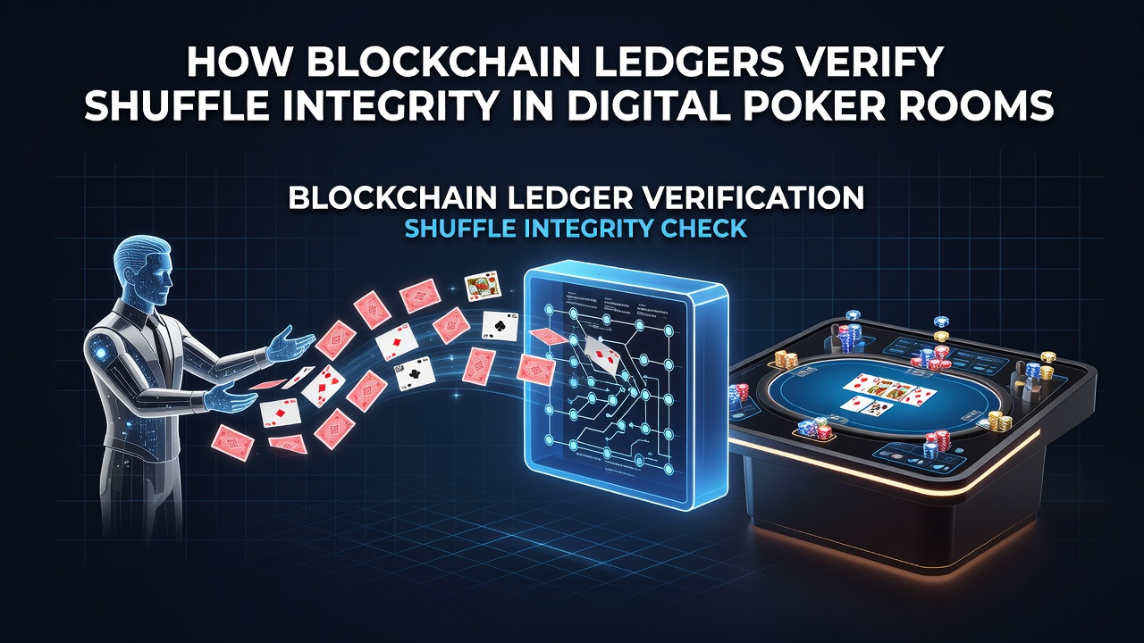 Blockchain network visualization showing encrypted card shuffle verification process in digital poker environments