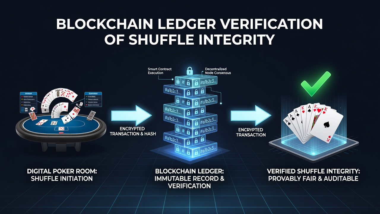 Digital interface displaying verified poker hand results pulled from blockchain ledger entries