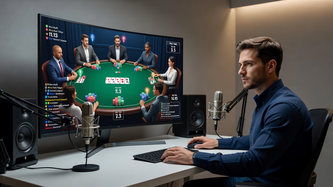 Players interact through live chat while watching synchronized poker streams on multiple devices