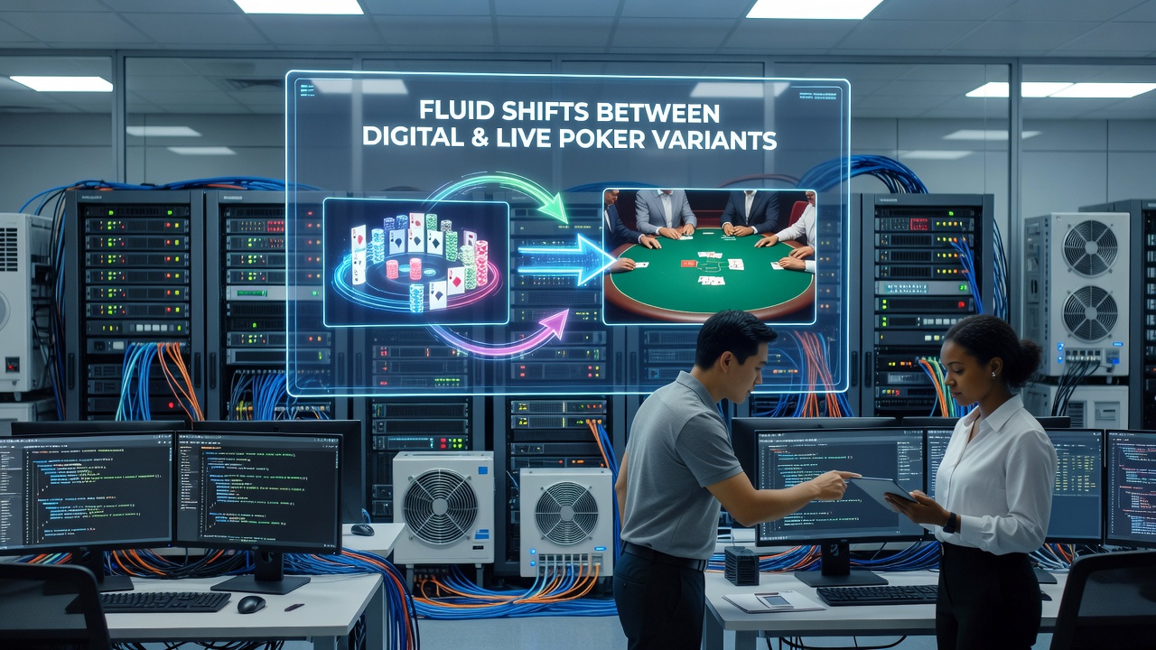 Diagram showing interconnected backend servers handling data flow between digital poker interfaces and live dealer streams