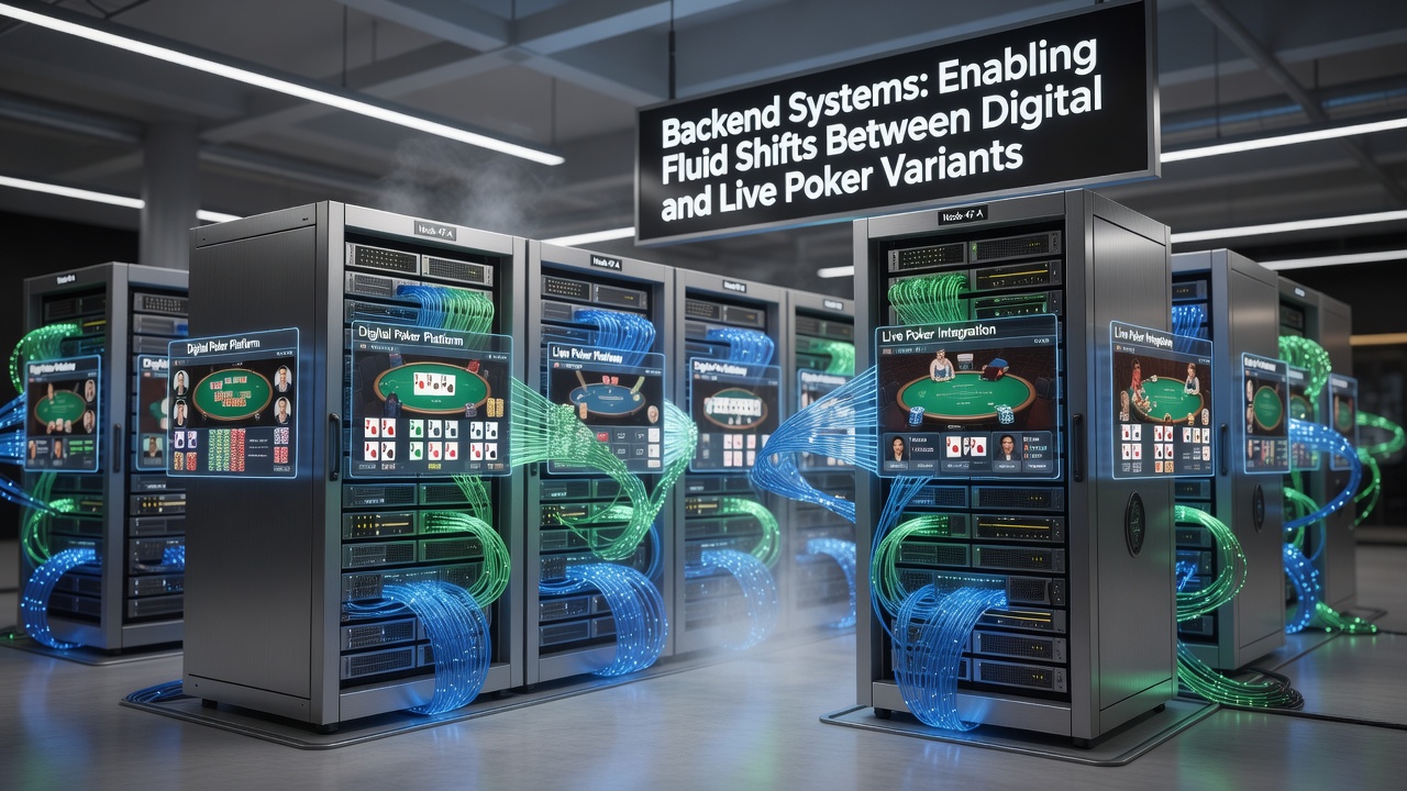 Server rack visualization with overlaid network diagrams illustrating real-time data synchronization for poker variants