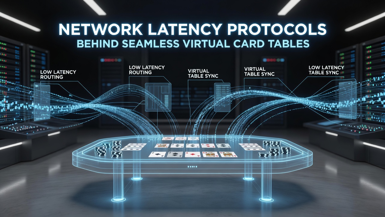 Diagram illustrating network latency protocols in virtual card table environments with data flow arrows and timing metrics