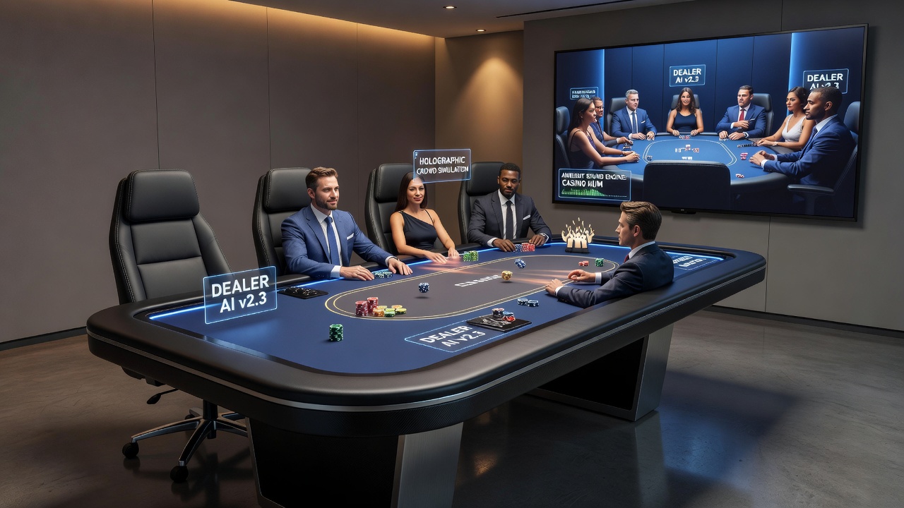 Virtual poker table interface showing realistic felt texture, chip stacks, and dealer avatar in a digital casino setting