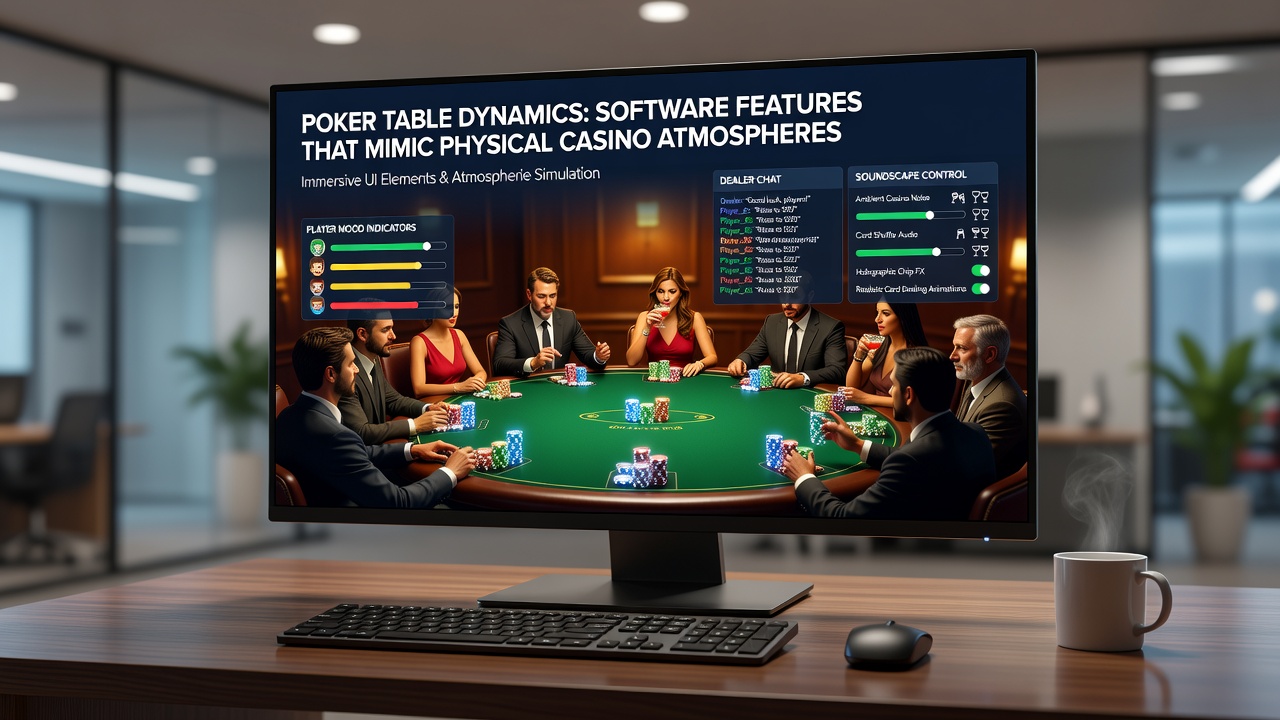Close-up view of digital poker chips with realistic shadows and reflections alongside animated card dealing sequence