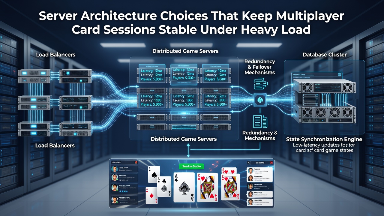Network diagram showing distributed servers and load balancing for card game stability