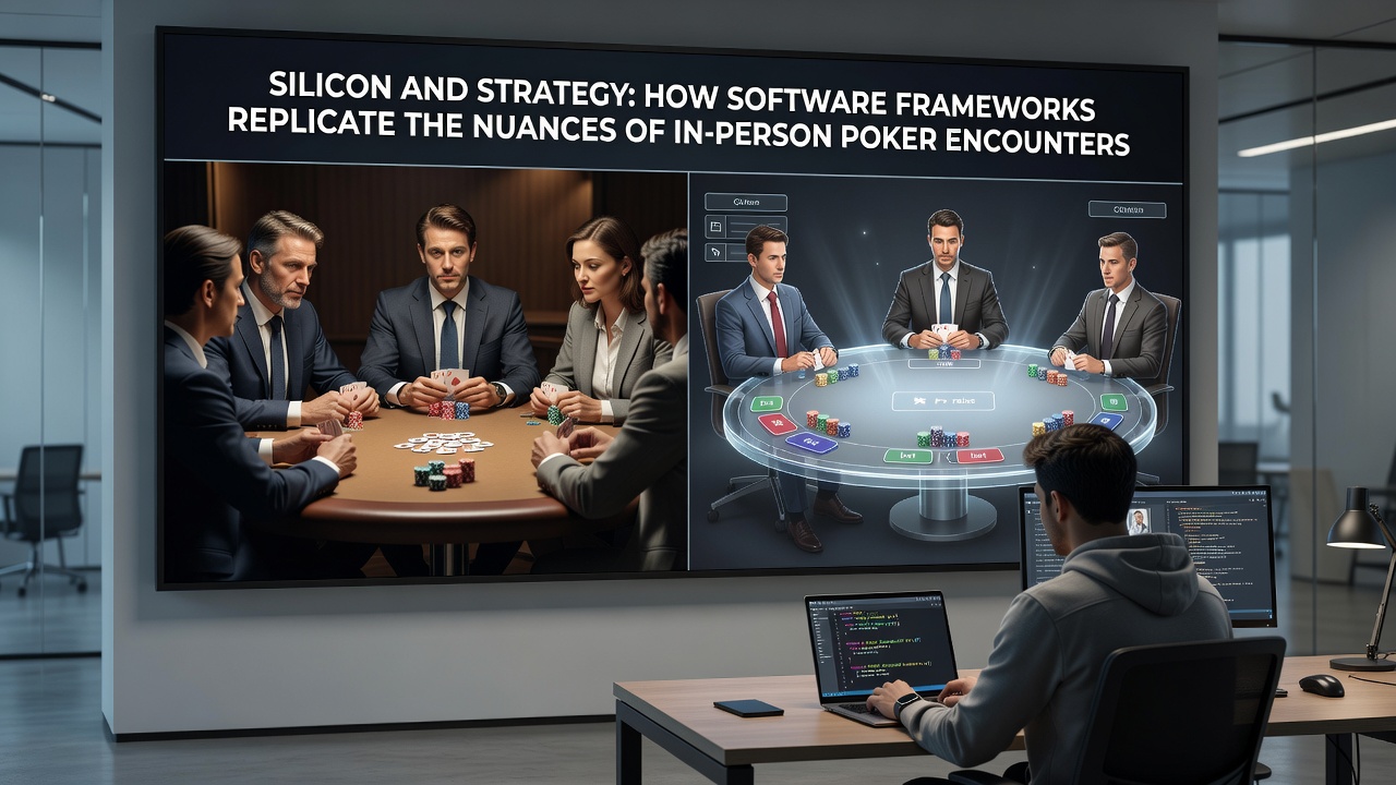 Close-up of algorithmic flow diagram showing RNG integration with player action handlers in poker software