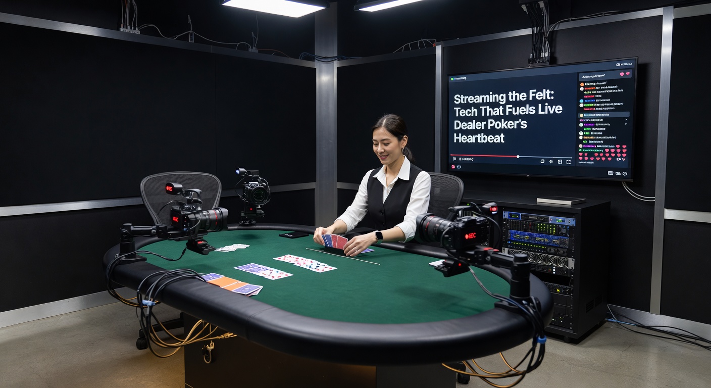 High-tech live dealer poker table with multiple cameras capturing every card shuffle and bet in real-time streaming setup