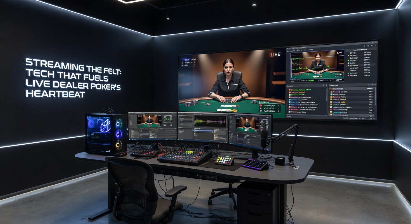 Close-up of streaming servers and network hubs powering live poker broadcasts with low-latency data flows
