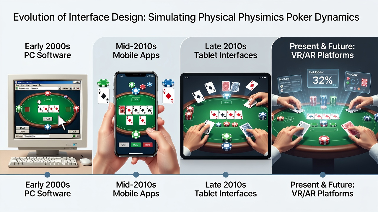 Early digital poker interface showing basic card graphics and table layout from the 1990s compared to modern 3D simulations